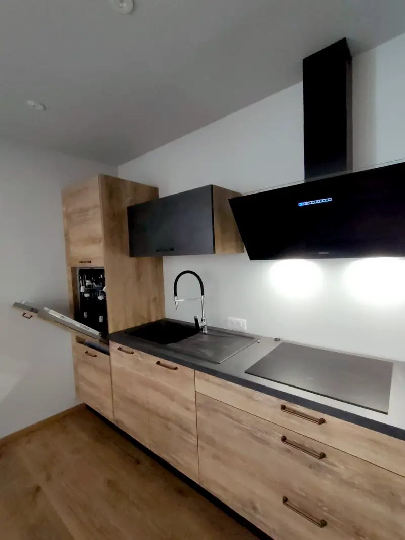 Cuisine livrée : évier, hotte, plaque induction, lave-vaisselle intégré