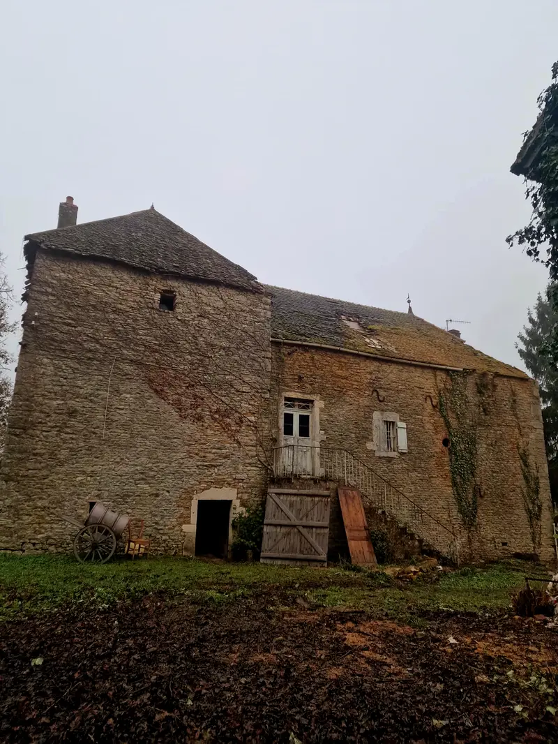 Ferme en pierre avant travaux, maçonnerie déjointée et lierre sur le pignon